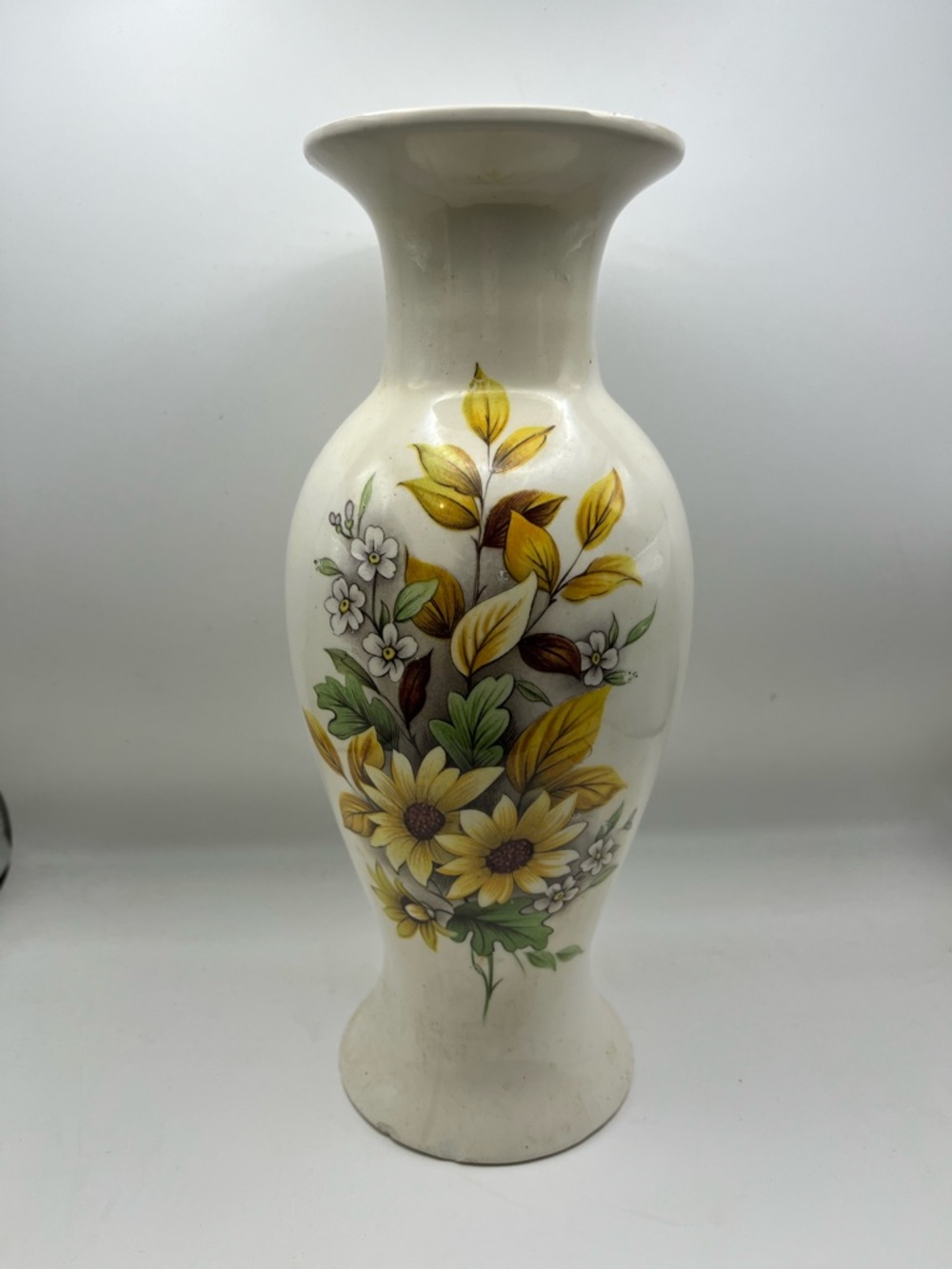 White Floral Ceramic Vase with Yellow Bouquet Design 10 inches